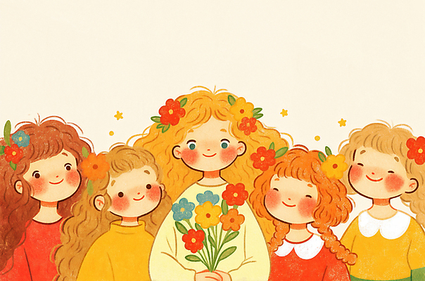 JPG 여자 꽃 어린이 꽃다발 일러스트 수채화 미소 웃음 들기 소녀 여러명 친구 기쁨 빈티지 소녀만 동심 국내일러스트 AI일러스트 AI콘텐츠 식물 감정 다수 컨셉 관계 모션 표정 사람 여자만 어린이만 파일형식