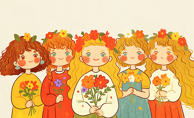 JPG 여자 꽃 어린이 꽃다발 일러스트 수채화 미소 웃음 들기 소녀 여러명 친구 화관 기쁨 빈티지 소녀만 동심 국내일러스트 AI일러스트 AI콘텐츠 식물 감정 다수 컨셉 관계 모션 표정 사람 여자만 어린이만 파일형식
