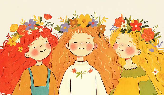 JPG 여자 어린이 일러스트 수채화 미소 웃음 소녀 세명 친구 눈감음 화관 기쁨 빈티지 꽃목걸이 소녀만 동심 국내일러스트 AI일러스트 AI콘텐츠 꽃 감정 컨셉 목걸이 관계 모션 표정 사람 여자만 어린이만 파일형식