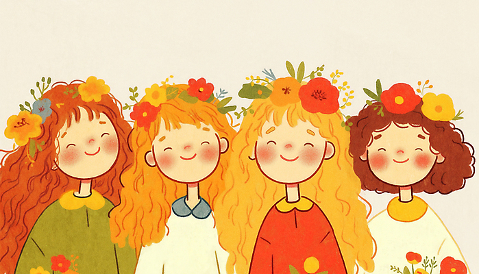 JPG 여자 꽃 어린이 일러스트 수채화 미소 웃음 소녀 여러명 친구 화관 기쁨 빈티지 소녀만 동심 국내일러스트 AI일러스트 AI콘텐츠 식물 감정 다수 컨셉 관계 표정 사람 여자만 어린이만 파일형식