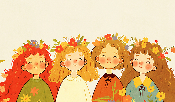 JPG 여자 꽃 어린이 일러스트 수채화 미소 웃음 소녀 여러명 친구 화관 기쁨 빈티지 소녀만 동심 국내일러스트 AI일러스트 AI콘텐츠 식물 감정 다수 컨셉 관계 표정 사람 여자만 어린이만 파일형식