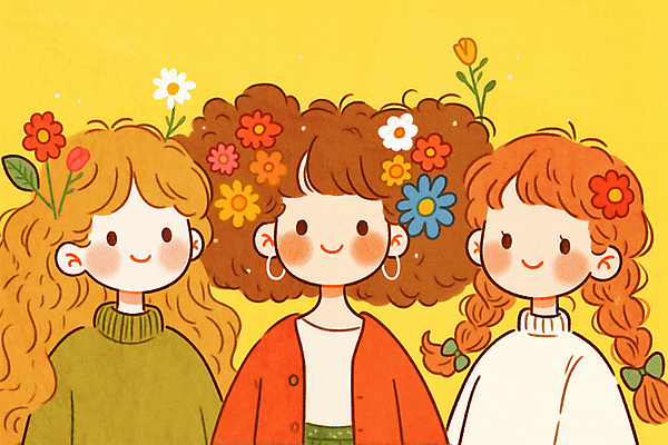 JPG 여자 꽃 어린이 일러스트 수채화 미소 웃음 소녀 세명 친구 노란색 기쁨 빈티지 소녀만 동심 국내일러스트 AI일러스트 AI콘텐츠 식물 감정 컬러 컨셉 관계 표정 사람 여자만 어린이만 파일형식