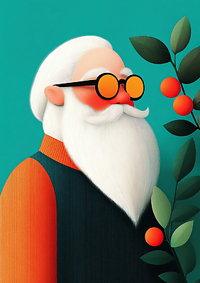 JPG 나무 노년 남자 행복 크리스마스 겨울 일러스트 나뭇잎 수염 한명 웃음 초록색 산타클로스 주황색 노인남자한명만 안경낌 국내일러스트 AI일러스트 AI콘텐츠 식물 1 계절 기념일 감정 안경 컬러 잎 표정 사람 성인 남자한명만 노인남자만 파일형식