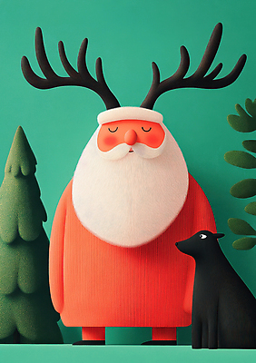 JPG 동물 한마리 노년 남자 크리스마스 겨울 일러스트 수염 한명 빨간색 초록색 산타클로스 사슴뿔 빨간옷 노인남자한명만 국내일러스트 AI일러스트 AI콘텐츠 1 옷 계절 기념일 컬러 뿔 사람 성인 남자한명만 노인남자만 파일형식