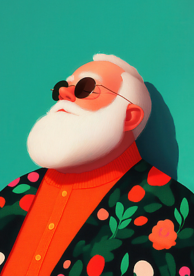 JPG 노년 남자 여유 크리스마스 겨울 일러스트 수염 한명 빨간색 초록색 선글라스 산타클로스 올려보기 하와이안 노인남자한명만 국내일러스트 AI일러스트 AI콘텐츠 1 계절 패션 기념일 감정 안경 컬러 모션 사람 성인 남자한명만 노인남자만 파일형식