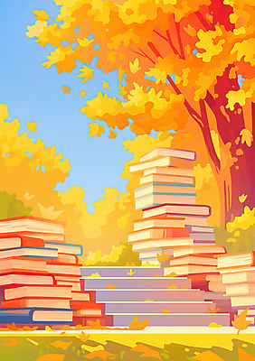 JPG 나무 단풍 일러스트 자연 하늘 단풍나무 풍경 사람없음 책 독서 계단 가을풍경 주황색 가을 감성 책더미 국내일러스트 AI일러스트 AI콘텐츠 식물 계절 컬러 컨셉 잎 생태계 무더기 파일형식 가을_계절