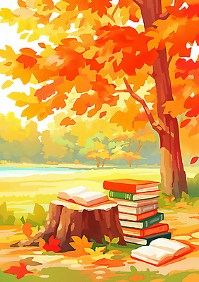 JPG 나무 호수 단풍 일러스트 자연 단풍나무 풍경 사람없음 책 독서 가을풍경 주황색 가을 감성 나무밑둥 책더미 국내일러스트 AI일러스트 AI콘텐츠 식물 계절 컬러 컨셉 잎 생태계 무더기 파일형식 가을_계절