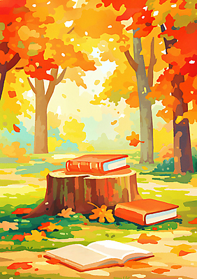 JPG 나무 단풍 일러스트 자연 단풍나무 풍경 사람없음 책 독서 가을풍경 주황색 가을 감성 나무밑둥 국내일러스트 AI일러스트 AI콘텐츠 식물 계절 컬러 컨셉 잎 생태계 파일형식 가을_계절
