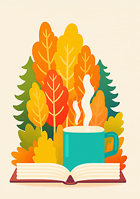 JPG 나무 커피 단풍 일러스트 자연 단풍나무 풍경 사람없음 책 독서 가을풍경 주황색 머그컵 가을 감성 국내일러스트 AI일러스트 AI콘텐츠 식물 계절 음료 컬러 컨셉 잎 컵 생태계 파일형식 가을_계절