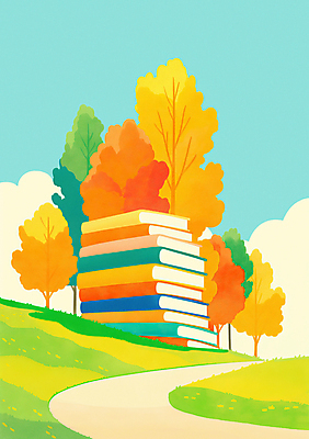 JPG 나무 구름 길 단풍 일러스트 자연 하늘 단풍나무 풍경 잔디 사람없음 책 독서 가을풍경 주황색 가을 감성 책더미 국내일러스트 AI일러스트 AI콘텐츠 자연요소 식물 계절 컬러 컨셉 잎 생태계 무더기 파일형식 가을_계절