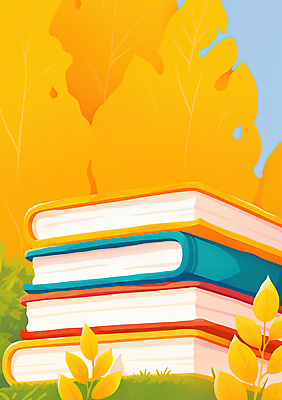 JPG 나무 잎 일러스트 자연 단풍나무 풍경 잔디 사람없음 책 독서 노란색 가을풍경 가을 감성 책더미 국내일러스트 AI일러스트 AI콘텐츠 식물 계절 컬러 컨셉 단풍 생태계 무더기 파일형식 가을_계절