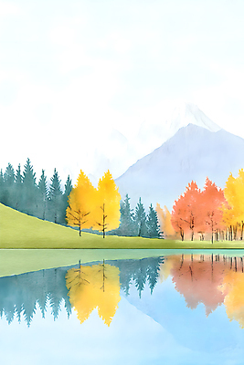 JPG 나무 구름 호수 일러스트 하늘 산 풍경 사람없음 컬러풀 반사 가을풍경 가을 국내일러스트 AI일러스트 AI콘텐츠 자연요소 식물 계절 컬러 파일형식 가을_계절