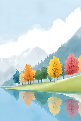 JPG 나무 구름 호수 일러스트 하늘 산 풍경 사람없음 컬러풀 반사 가을풍경 가을 국내일러스트 AI일러스트 AI콘텐츠 자연요소 식물 계절 컬러 파일형식 가을_계절