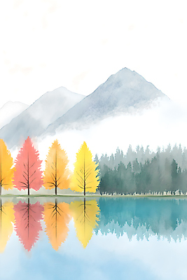 JPG 나무 구름 호수 일러스트 하늘 산 풍경 사람없음 컬러풀 반사 가을풍경 가을 국내일러스트 AI일러스트 AI콘텐츠 자연요소 식물 계절 컬러 파일형식 가을_계절