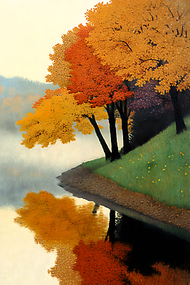 JPG 나무 호수 단풍 일러스트 하늘 사람없음 반사 가을풍경 가을 숲 국내일러스트 AI일러스트 AI콘텐츠 식물 계절 잎 풍경 파일형식 가을_계절