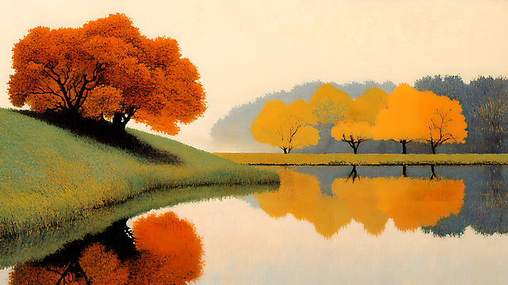 JPG 나무 호수 단풍 일러스트 하늘 사람없음 반사 가을풍경 가을 숲 국내일러스트 AI일러스트 AI콘텐츠 식물 계절 잎 풍경 파일형식 가을_계절