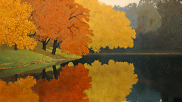 JPG 나무 호수 단풍 일러스트 하늘 사람없음 반사 가을풍경 가을 숲 국내일러스트 AI일러스트 AI콘텐츠 식물 계절 잎 풍경 파일형식 가을_계절
