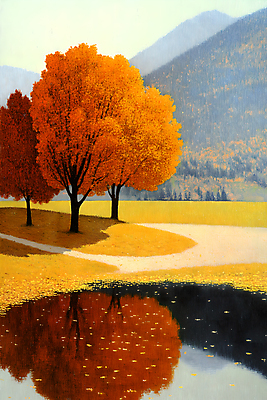 JPG 나무 호수 단풍 일러스트 하늘 사람없음 반사 가을풍경 가을 숲 국내일러스트 AI일러스트 AI콘텐츠 식물 계절 잎 풍경 파일형식 가을_계절