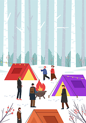 전신 나무 모자 여자 남자 어린이 겨울 일러스트 배낭 텐트 서기 풍경 소녀 소년 여러명 성인 달리기 걷기 설원 캠핑 숲 모닥불 즐거움 쌓인눈 알전구 국내일러스트 AI파일 식물 잡화 계절 감정 다수 가방 전구 모션 불 레저 눈_날씨 캠핑도구 사람 파일형식 벡터