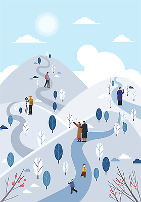 전신 나무 구름 커플 여자 열매 남자 어린이 겨울 일러스트 산 풍경 소녀 소년 여러명 성인 태양 손들기 사진촬영 등산 나뭇가지 즐거움 설산 국내일러스트 AI파일 자연요소 식물 계절 감정 다수 관계 모션 사람 촬영 트래킹 파일형식 벡터