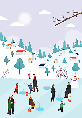 전신 나무 커플 여자 남자 어린이 겨울 일러스트 눈사람 낚시 산 주택 서기 들기 앉기 풍경 소녀 소년 여러명 성인 걷기 마을 얼음 축제 나뭇가지 낚싯대 즐거움 빙어 빙어낚시 국내일러스트 AI파일 자연요소 식물 계절 감정 다수 관계 모션 레저 사람 건물 낚시용품 민물고기 얼음낚시 파일형식 벡터
