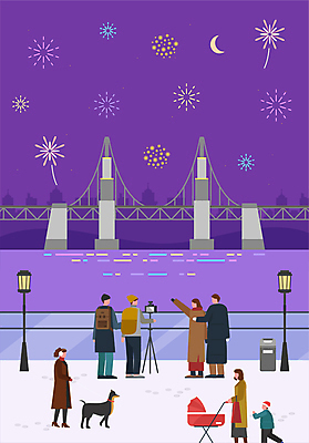 커플 여자 남자 어린이 겨울 가로등 일러스트 밤하늘 불꽃 폭죽 불꽃놀이 풍경 소년 여러명 성인 강 달리기 손들기 걷기 카메라 사진촬영 축제 달 개 즐거움 유모차 가교 국내일러스트 AI파일 자연요소 건축물 계절 공공시설 감정 다수 포유류 관계 모션 놀이 하늘 불 사람 전자제품 촬영 아기용품 야간 파일형식 벡터