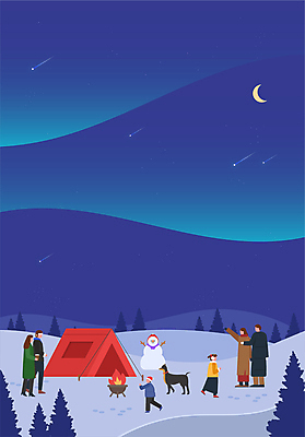 전신 나무 커플 여자 남자 어린이 겨울 일러스트 눈사람 텐트 들기 풍경 소녀 소년 여러명 성인 달리기 손들기 달 개 숲 유성 모닥불 즐거움 오로라 국내일러스트 AI파일 자연요소 식물 계절 감정 다수 포유류 관계 모션 자연현상 불 캠핑도구 사람 파일형식 벡터