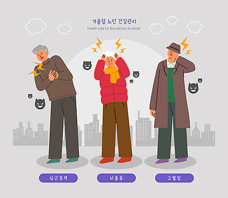 전신 PSD 여자 노년 남자 겨울 일러스트 세명 건강관리 회색 찡그림 질병 두통 고혈압 뇌졸중 목통증 심근경색 심장질환 노인만 국내일러스트 계절 컬러 의학 표정 건강 관리 사람 성인 고통 성인만 파일형식