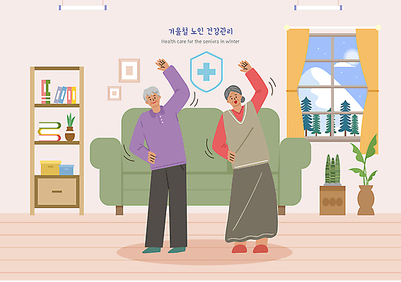 전신 PSD 여자 노년 남자 분홍색 겨울 거실 일러스트 창문 실내 미소 웃음 두명 소파 운동 손들기 건강관리 스트레칭 노인만 국내일러스트 계절 컬러 의자 모션 표정 건강 관리 사람 성인 내부 성인만 파일형식