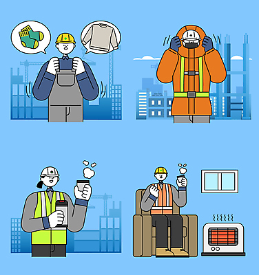 전신 여자 남자 산업 일러스트 창문 휴식 노동자 양말 작업복 마스크 들기 안전 앉기 여러명 상반신 성인 건물 파란색 추위 잡기 쓰는 안전모 난로 예방 산업안전 산업안전캐릭터 따뜻한음료 방한복 산업근로자 안전조끼 성인만 건설근로자 국내일러스트 AI파일 직업 건축물 옷 음료 컬러 다수 컨셉 모션 사람 헬멧 안전장비 난방기 산업캐릭터 파일형식 벡터