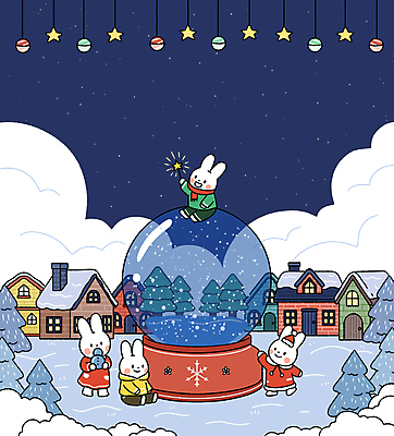 전신 PSD 나무 구름 크리스마스 일러스트 산타모자 주택 들기 앉기 사람없음 귀여움 마을 눈 남색 토끼캐릭터 스노글로브 마법지팡이 오너먼트 국내일러스트 자연요소 식물 모자_잡화 기념일 컬러 동물캐릭터 컨셉 크리스마스장식 모션 날씨 건물 장식 토끼 파일형식