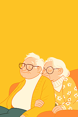 여자 할아버지 노년 남자 행복 할머니 일러스트 휴식 미소 앉기 두명 생활 실버라이프 소파 노란색 팔짱 눈감음 노부부 기댐 잠 실버 노인만 안경낌 국내일러스트 AI파일 라이프스타일 부부 감정 안경 컬러 컨셉 의자 모션 표정 사람 성인 성인만 파일형식 벡터