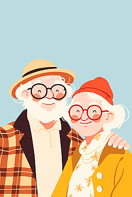 모자 여자 할아버지 노년 남자 행복 할머니 하늘색 일러스트 미소 두명 생활 실버라이프 노부부 실버 노인만 안경낌 어깨에손 국내일러스트 AI파일 라이프스타일 부부 잡화 감정 안경 모션 표정 사람 성인 파란색 성인만 파일형식 벡터