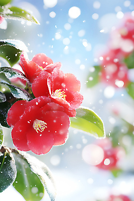 JPG 편집이미지 꽃 잎 겨울 자연 사람없음 빨간색 눈 보케 동백 눈내림 편집실사 AI포토 AI콘텐츠 자연요소 식물 계절 컬러 날씨 눈_날씨 CG 생태계 파일형식