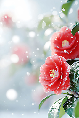 JPG 편집이미지 꽃 잎 겨울 자연 사람없음 빨간색 눈 보케 동백 눈내림 편집실사 AI포토 AI콘텐츠 자연요소 식물 계절 컬러 날씨 눈_날씨 CG 생태계 파일형식