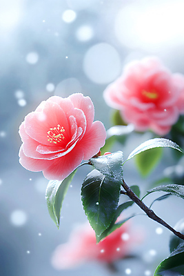 JPG 편집이미지 꽃 분홍색 겨울 자연 나뭇잎 사람없음 눈 보케 동백 눈내림 편집실사 AI포토 AI콘텐츠 자연요소 식물 계절 컬러 잎 날씨 눈_날씨 CG 생태계 파일형식