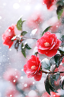 JPG 편집이미지 꽃 겨울 자연 나뭇잎 사람없음 빨간색 눈 보케 동백 눈내림 편집실사 AI포토 AI콘텐츠 자연요소 식물 계절 컬러 잎 날씨 눈_날씨 CG 생태계 파일형식