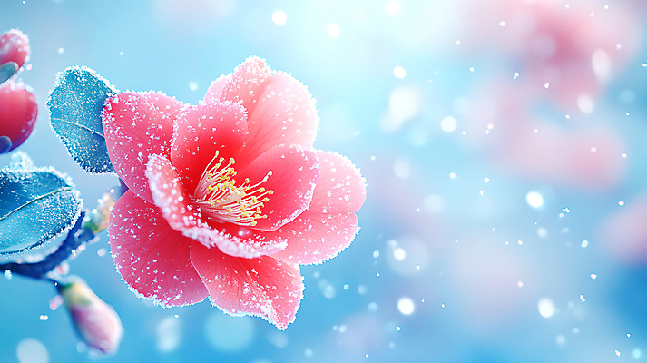 JPG 편집이미지 꽃 분홍색 하늘색 겨울 자연 사람없음 눈 보케 동백 눈내림 편집실사 AI포토 AI콘텐츠 자연요소 식물 계절 컬러 날씨 눈_날씨 파란색 CG 생태계 파일형식