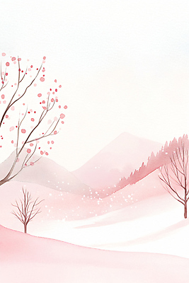 JPG 나무 꽃 분홍색 겨울 일러스트 자연 수채화 산 사람없음 눈 숲 쌓인눈 눈내림 국내일러스트 AI일러스트 AI콘텐츠 자연요소 식물 계절 컬러 날씨 눈_날씨 생태계 파일형식