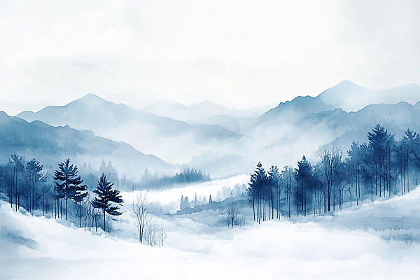 JPG 나무 겨울 일러스트 자연 수채화 산 사람없음 파란색 안개 눈 숲 번짐 쌓인눈 설산 국내일러스트 AI일러스트 AI콘텐츠 자연요소 식물 계절 컬러 날씨 생태계 파일형식 효과