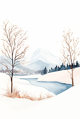 JPG 나무 겨울 일러스트 자연 수채화 산 사람없음 강 눈 번짐 베이지색 쌓인눈 설산 국내일러스트 AI일러스트 AI콘텐츠 자연요소 식물 계절 컬러 날씨 생태계 파일형식 효과