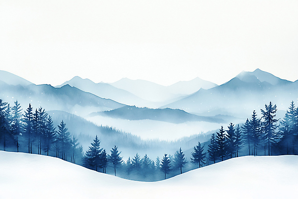 자연요소 식물 계절 컬러 날씨 숲 생태계 파일형식 효과 AI콘텐츠 번짐 수채화 쌓인눈 파란색 푸른숲 산 나무 안개 눈 겨울 자연 일러스트 JPG 국내일러스트 사람없음 AI일러스트