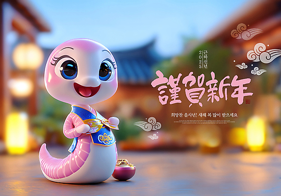 PSD 편집이미지 전통 명절 분홍색 근하신년 3D캐릭터 미소 웃음 사람없음 인사 잡기 한복 뱀캐릭터 한옥마을 구름문양 2025년 을사년 이미지편집 캐릭터 한국전통 문양 기념일 컬러 동물캐릭터 모션 새해 한옥 표정 마을 예절 뱀 전통의상 연도 파일형식 구름_자연