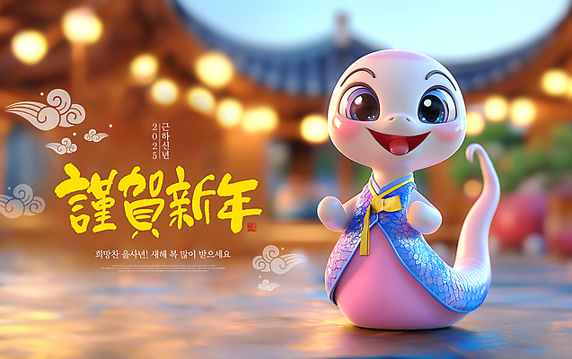 PSD 편집이미지 전통 명절 근하신년 한옥 3D캐릭터 미소 웃음 사람없음 파이팅 인사 한복 뱀캐릭터 구름문양 2025년 을사년 이미지편집 캐릭터 한국전통 문양 기념일 동물캐릭터 고건축 모션 새해 표정 예절 뱀 전통의상 연도 파일형식 구름_자연
