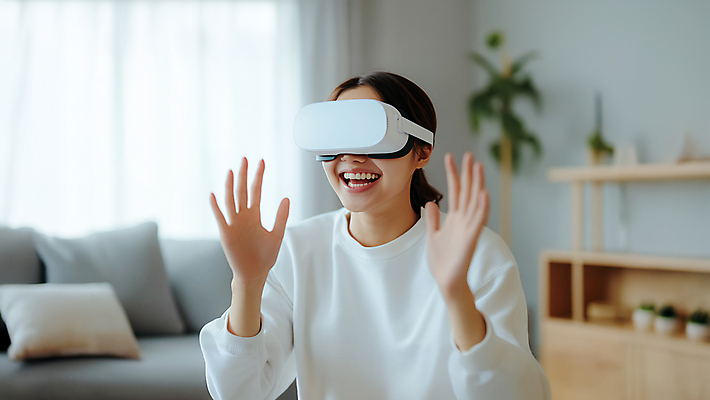 JPG 편집이미지 여자 실내 한명 웃음 상반신 성인 소파 손들기 체험 즐거움 웨어러블 의료성형뷰티 가상현실 성인여자한명만 VR기기 편집실사 AI인물포토 AI콘텐츠 1 감정 컨셉 의자 모션 표정 사람 내부 기계 CG 여자한명만 성인여자만 파일형식 AI포토