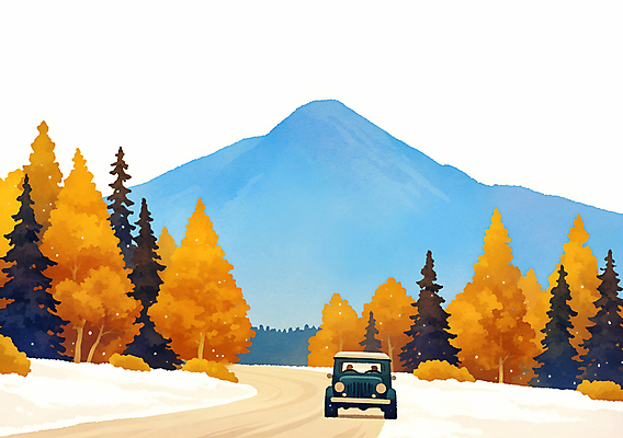 JPG 나무 단풍 낙엽 겨울 일러스트 자동차 자연 산 풍경 사람없음 파란색 노란색 숲길 눈덮임 국내일러스트 AI일러스트 AI콘텐츠 식물 계절 길 육상교통 컬러 컨셉 잎 생태계 파일형식