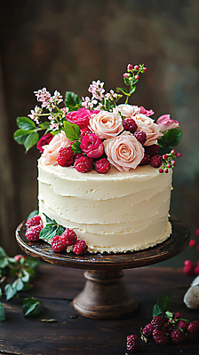 JPG 편집이미지 꽃 분홍색 결혼 잎 사람없음 장식 케이크 축하 생일 화려 디지털합성 산딸기 케이크스탠드 편집실사 AI포토 AI콘텐츠 식물 기념일 컬러 컨셉 과일 디저트 이벤트 받침대 CG 파일형식