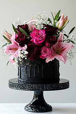 JPG 편집이미지 꽃 분홍색 결혼 잎 사람없음 장식 케이크 검은색 흐름 축하 생일 화려 디지털합성 케이크스탠드 편집실사 AI포토 AI콘텐츠 식물 기념일 컬러 컨셉 디저트 이벤트 받침대 CG 파일형식