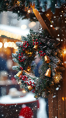 JPG 편집이미지 열매 크리스마스 겨울 사람없음 야외 눈 시장 디지털합성 보케 리스장식 징글벨 크리스마스리스 편집실사 AI포토 AI콘텐츠 자연요소 식물 계절 기념일 날씨 장식 화환 종 CG 파일형식