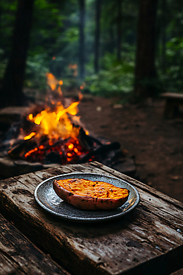 JPG 편집이미지 그릇 단면 사람없음 갈색 숲 모닥불 디지털합성 고구마 군고구마 나무탁자 편집실사 AI포토 AI콘텐츠 식기 컬러 탁자 불 뿌리채소 구이 CG 파일형식